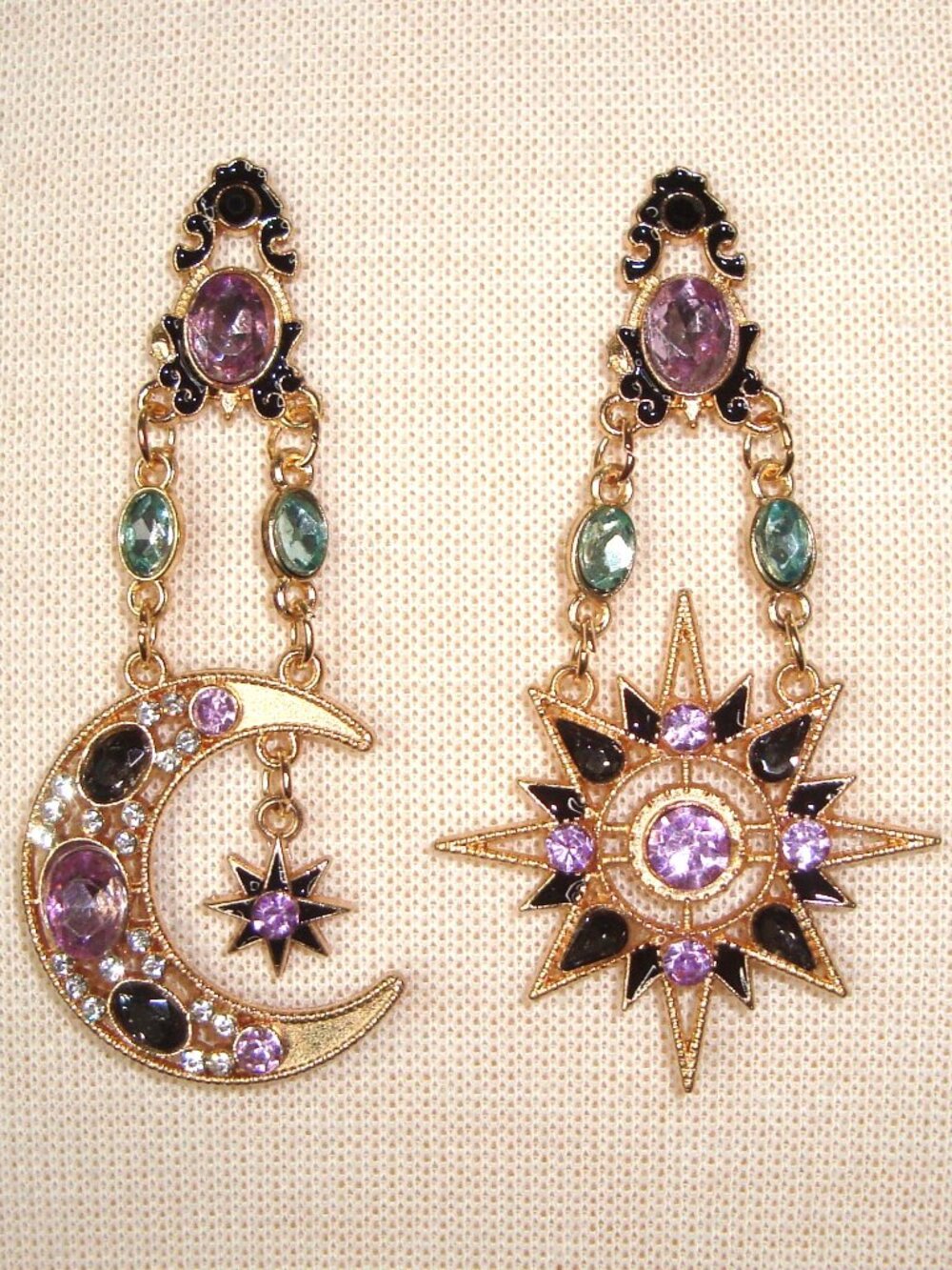 NEW Celestial Asymmetrical Rhinestone Moon Sun & Stars Gold-tone Dangle Earrings